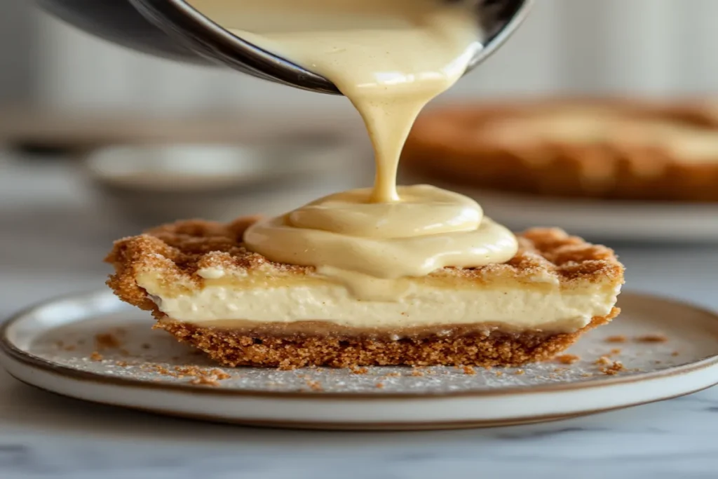 Pouring cheesecake filling onto churro crust