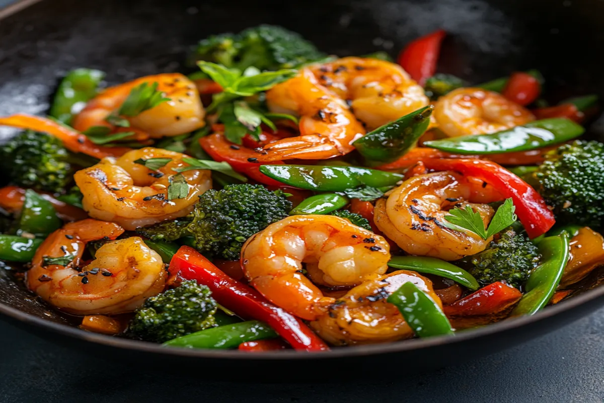 Vibrant shrimp stir fry with vegetables in a wok