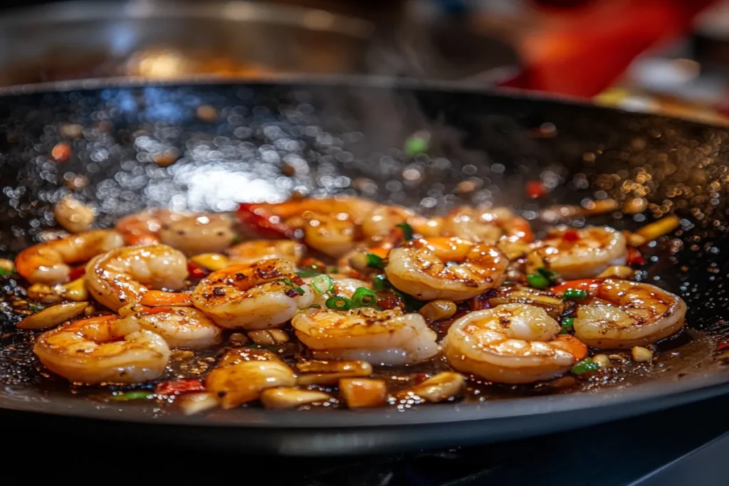 Fresh shrimp stir-fried in garlic and ginger sauce