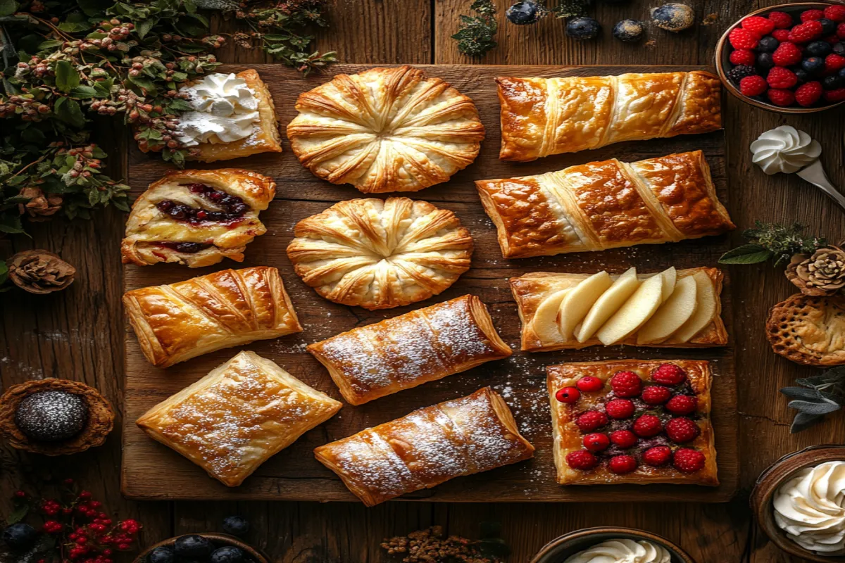 Assorted puff pastry desserts including turnovers, tarts, and cream horns.