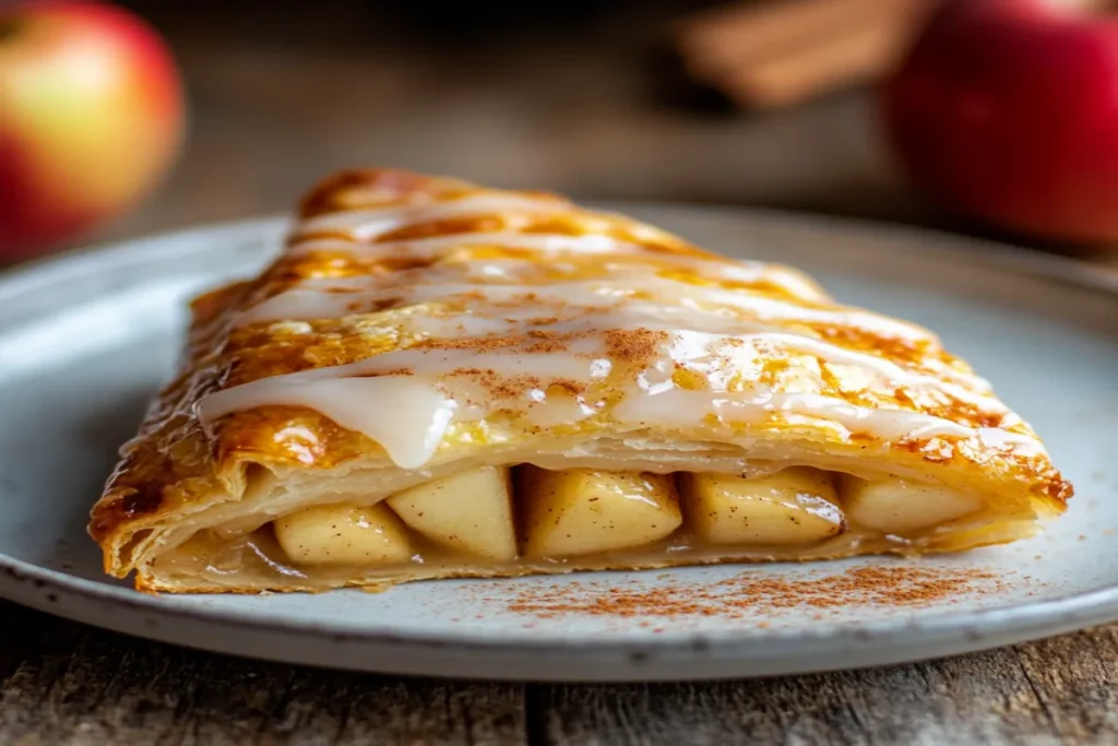 Golden flaky apple turnover with a drizzle of icing.