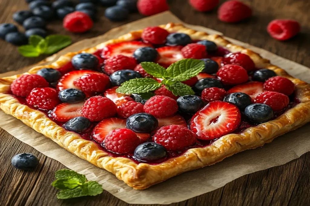 Berry puff pastry tart with fresh strawberries, blueberries, and mint.