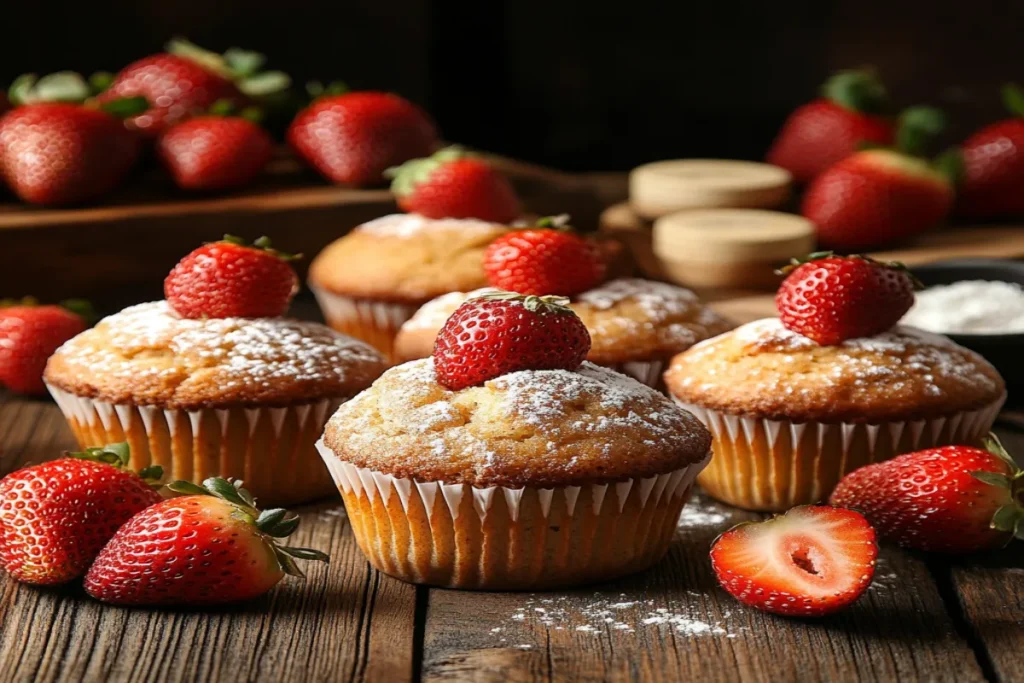 Freshly baked strawberry muffins with whole strawberries on a wooden table