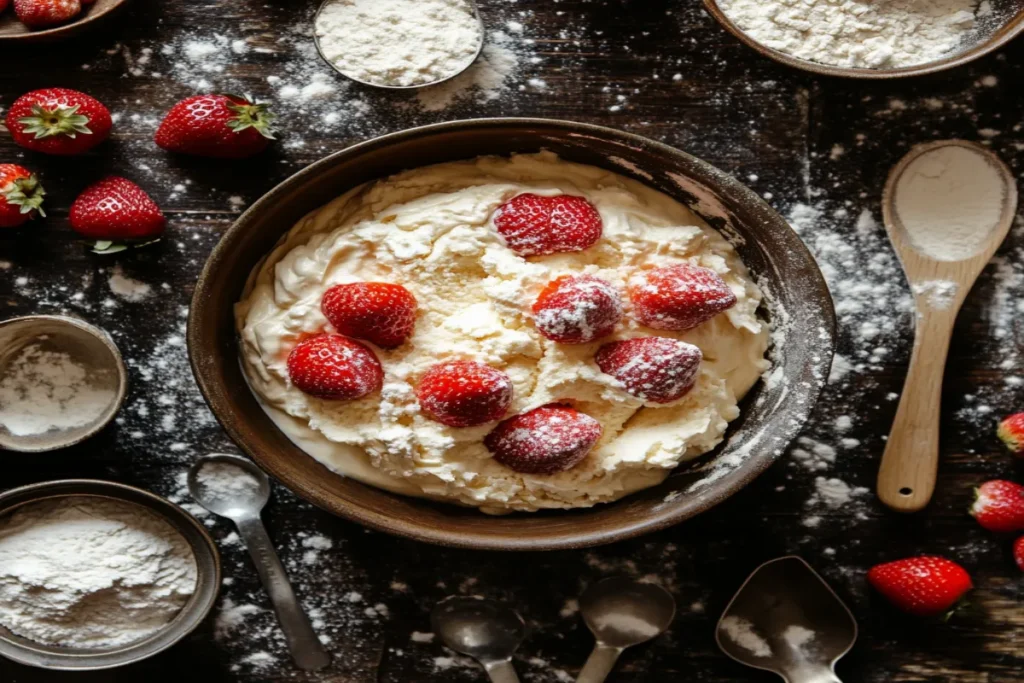 Mixing muffin batter with strawberries in a bowl