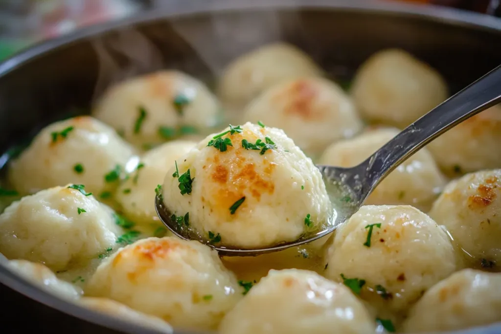 Soft fluffy Bisquick dumplings being served from a pot