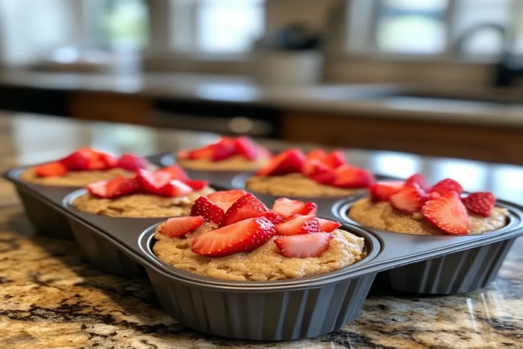 Muffin tin filled with batter and strawberries ready for the oven