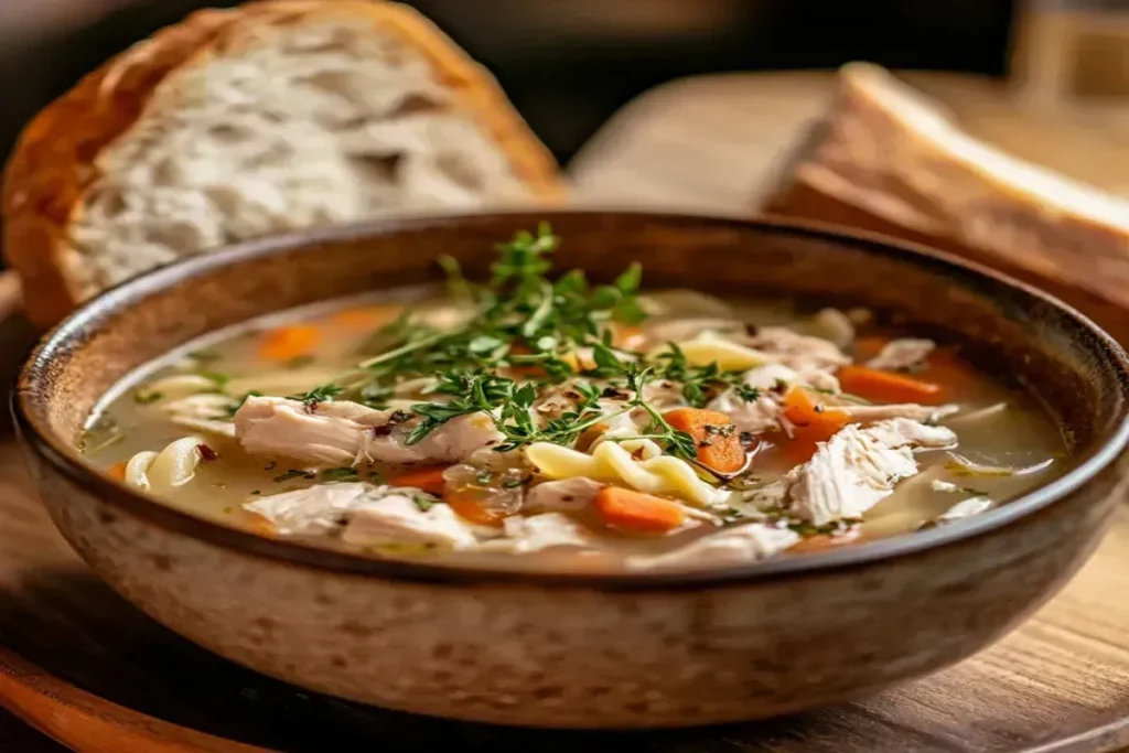 Bowl of chicken noodle soup made with rotisserie chicken