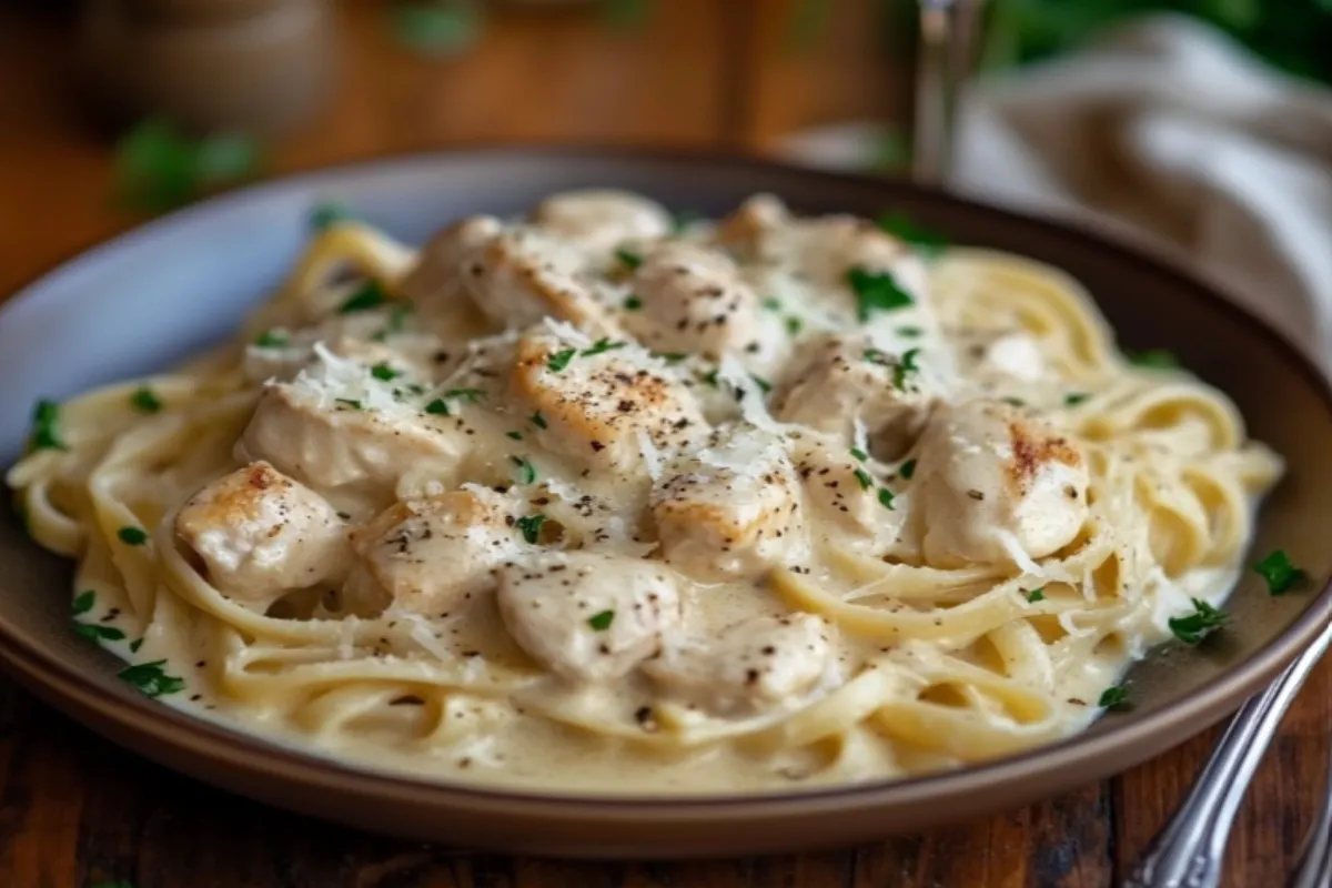 Creamy garlic chicken pasta served on a rustic plate