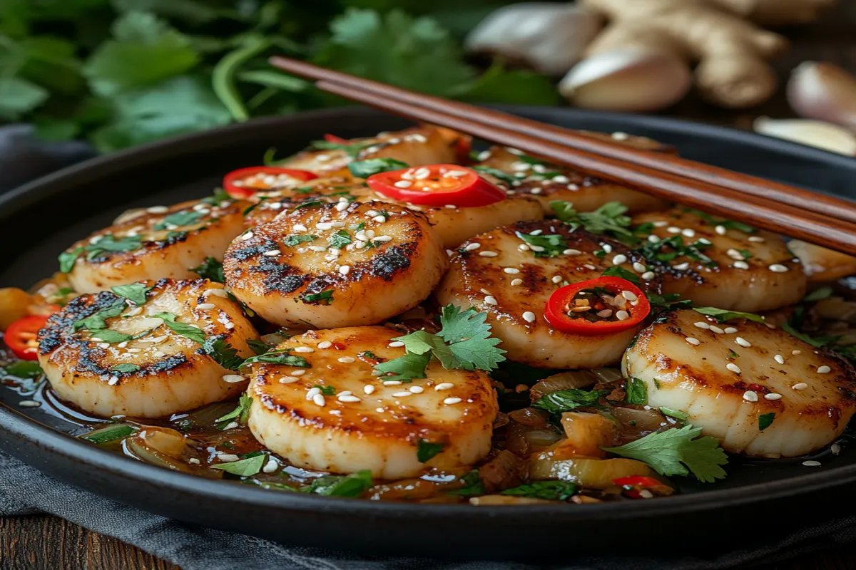 Fishcakes and scallops stir fry served on a rustic plate with garnishes.