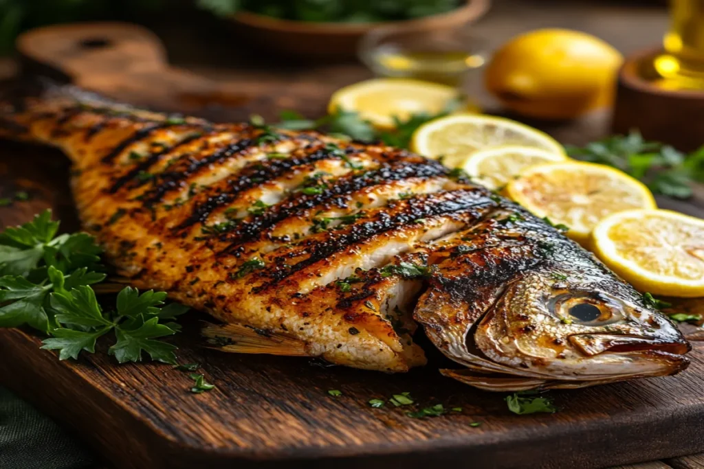 Grilled dorado fish served with lemon and parsley on a wooden plate.