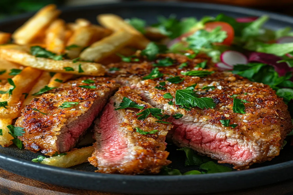 Crispy milanesa steak with fries and salad
