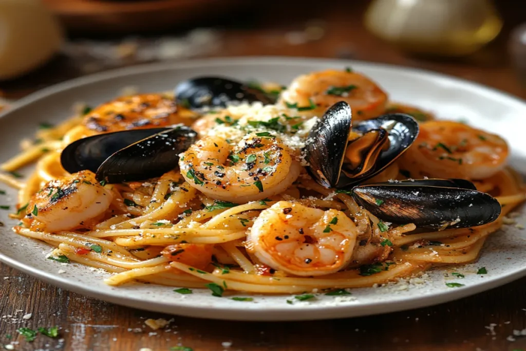 A gourmet seafood pasta dish with shrimp, mussels, and scallops in a garlic white wine sauce.