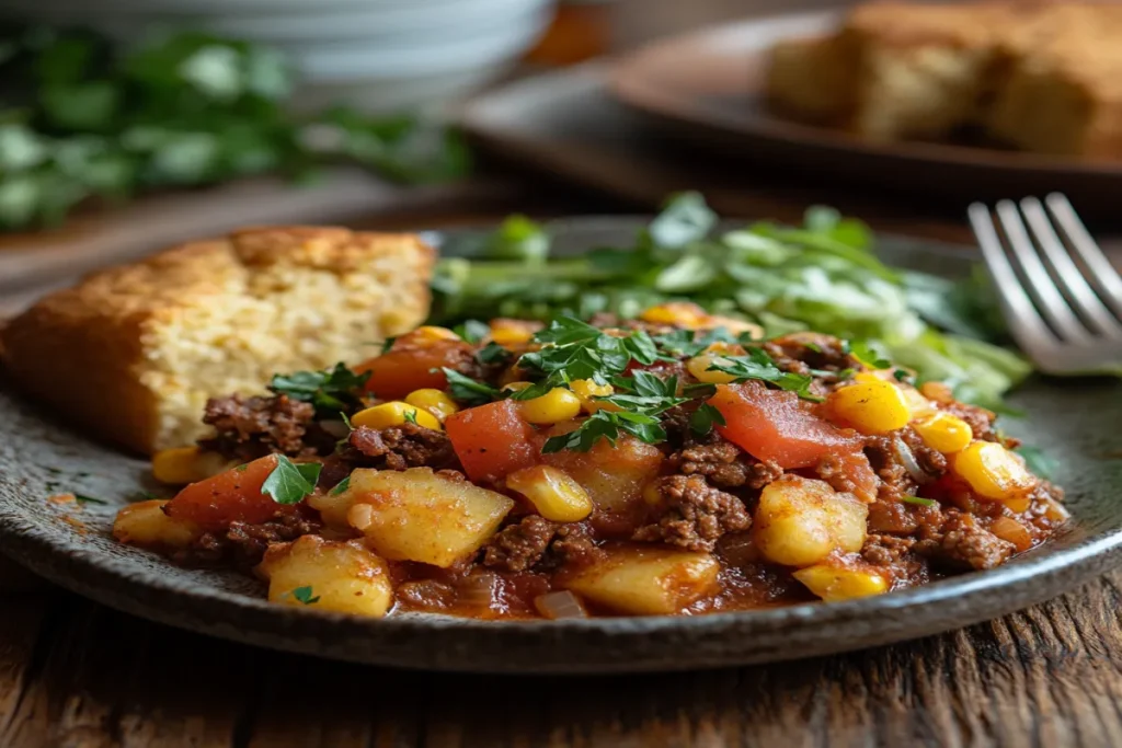 A serving of cowboy casserole with a side of salad and cornbread."