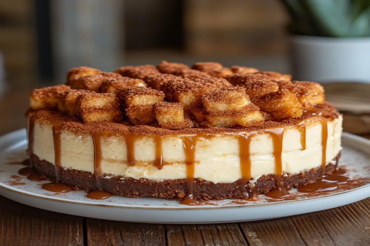 Churro cheesecake topped with cinnamon-sugar and caramel drizzle