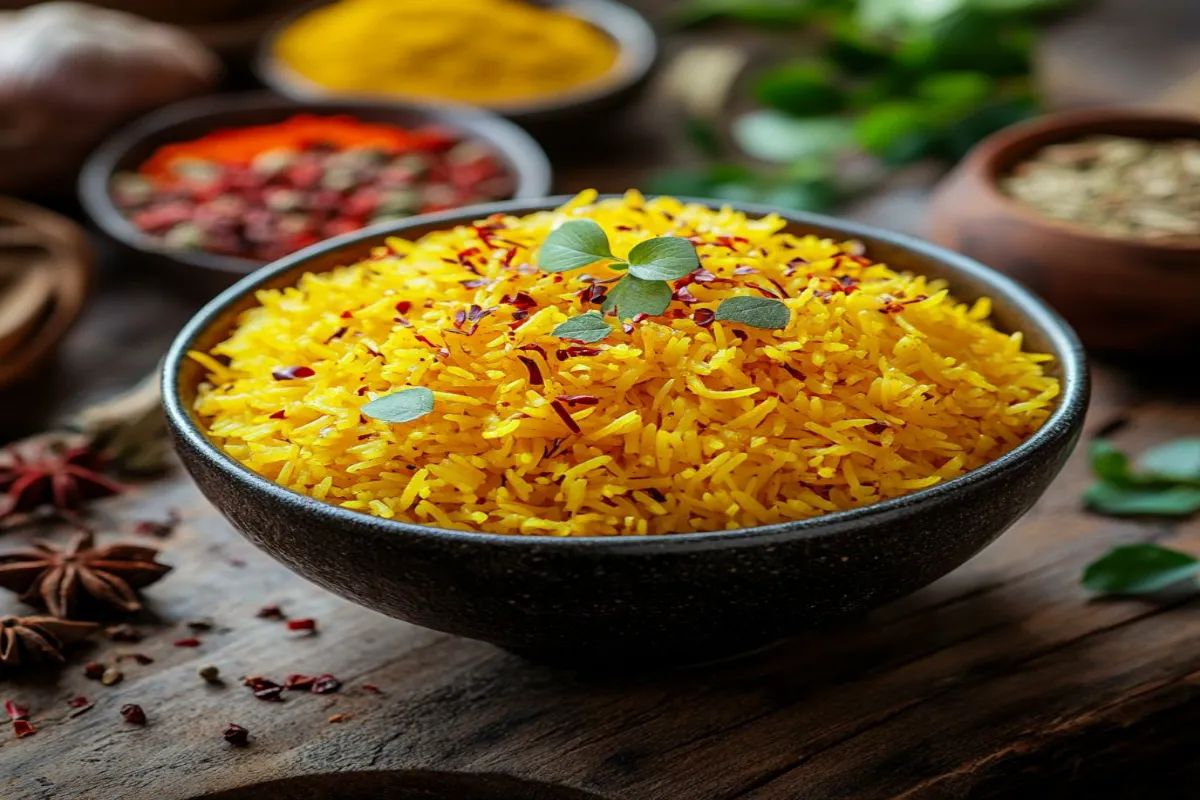Saffron rice bowl with golden strands, ingredients around it.