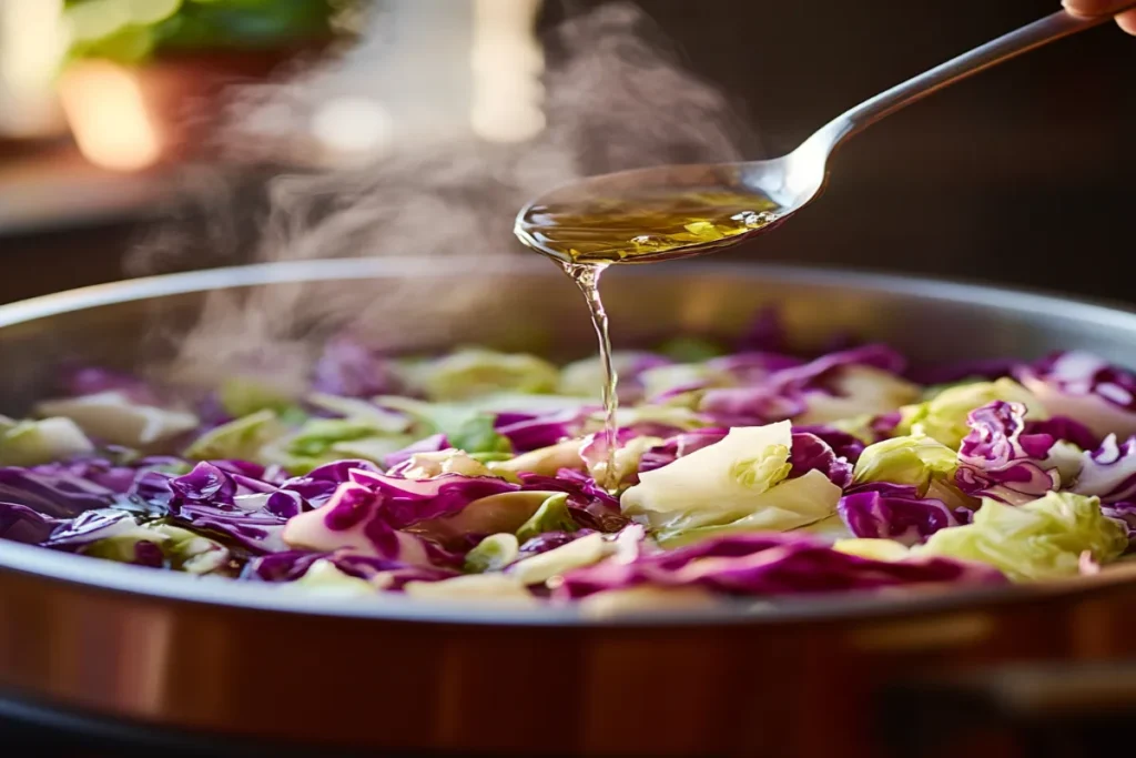 Steaming pot of cabbage with vinegar being poured in.