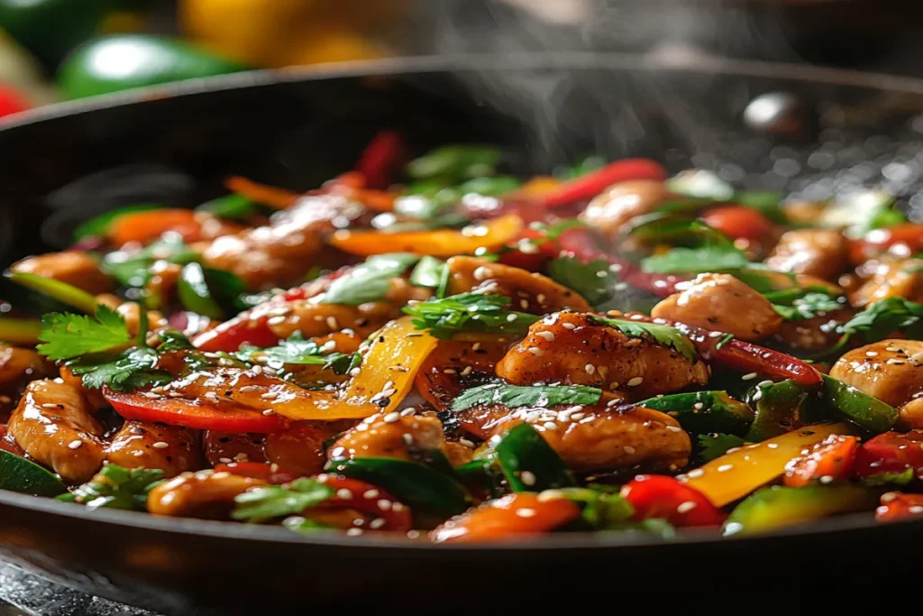 Colorful stir-fry with vegetables and chicken in a wok