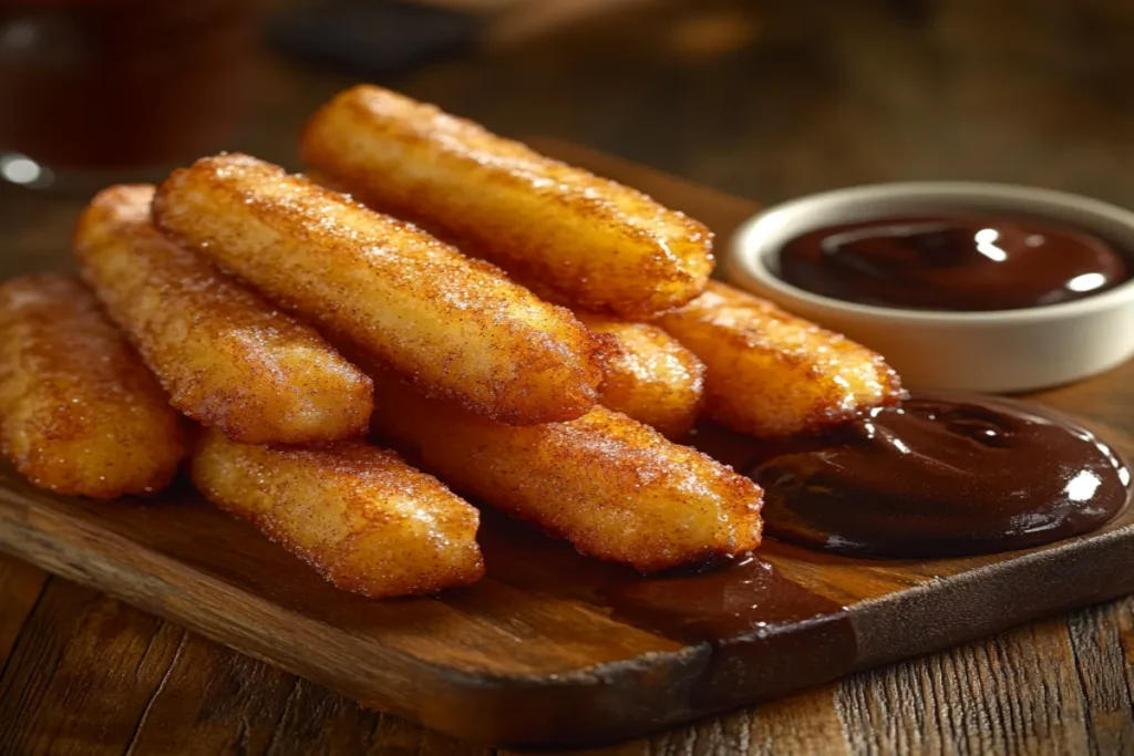 Freshly made crispy churros with cinnamon sugar and chocolate sauce