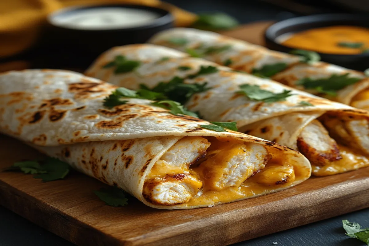 Golden cheesy chicken wraps on a wooden board, with melted cheese