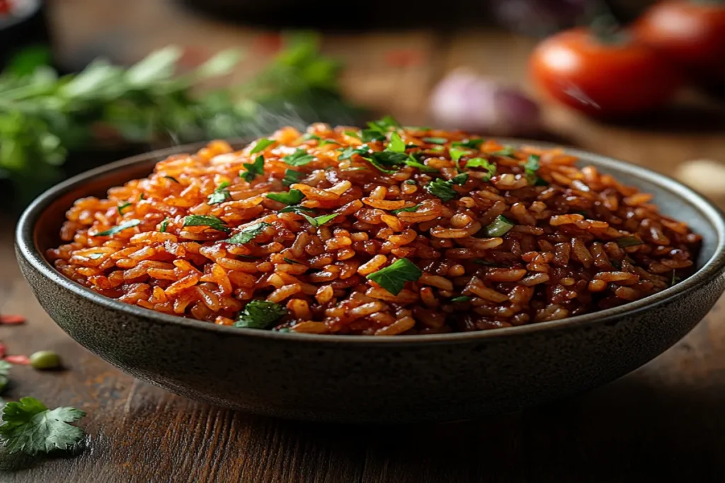 Bowl of cooked red rice with herbs and spices on a wooden table
