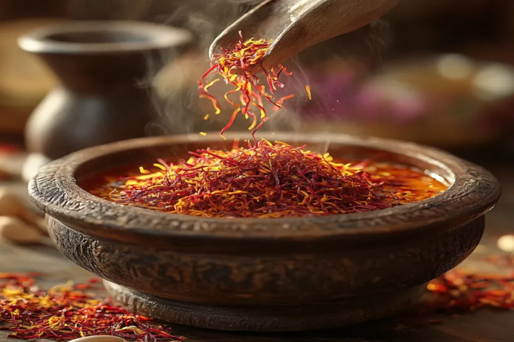 Saffron threads being added to a steaming broth.