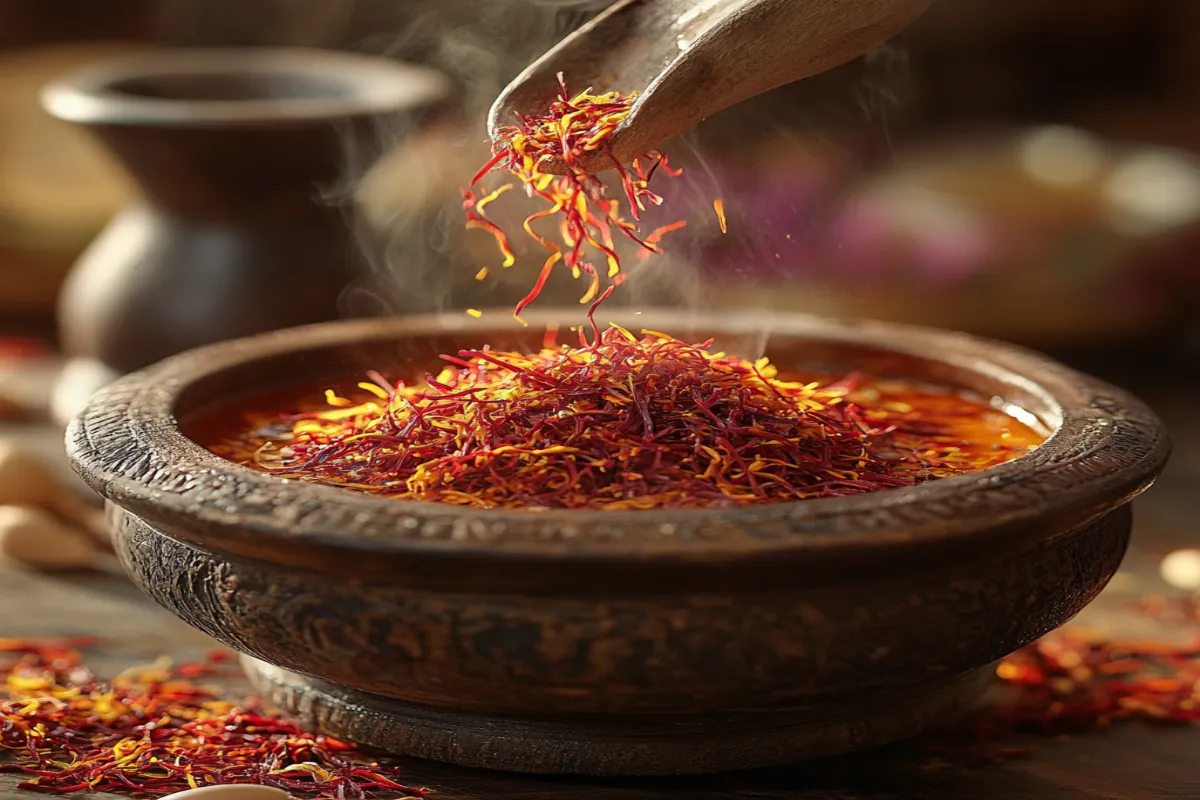 Saffron threads being added to a steaming broth.