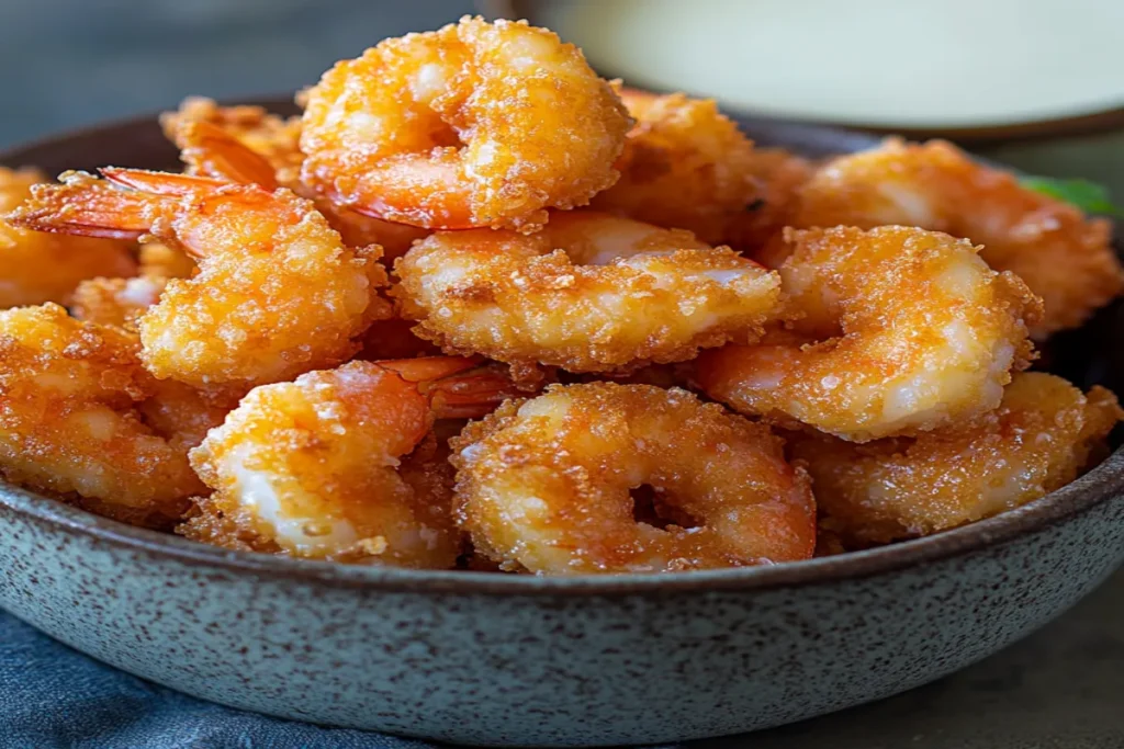 Golden fried shrimp with a milk soak in the background.