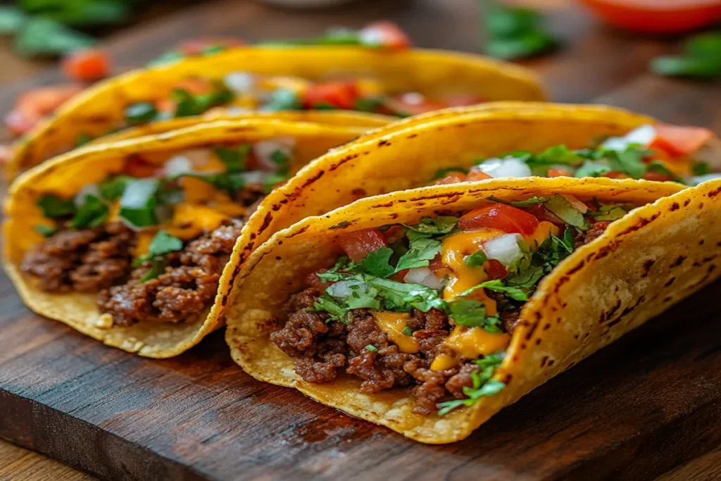 Crispy fried tacos with beef, lettuce, and cheese