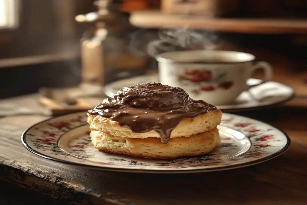 Warm Southern biscuits topped with rich chocolate gravy in a cozy kitchen setting.