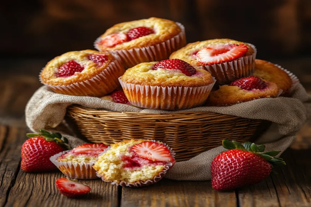 Fresh strawberry muffins on a wooden table
