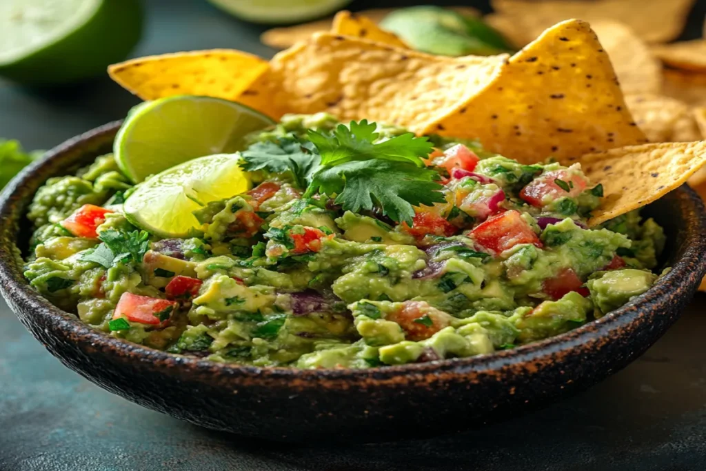 Fresh guacamole with tortilla chips and lime