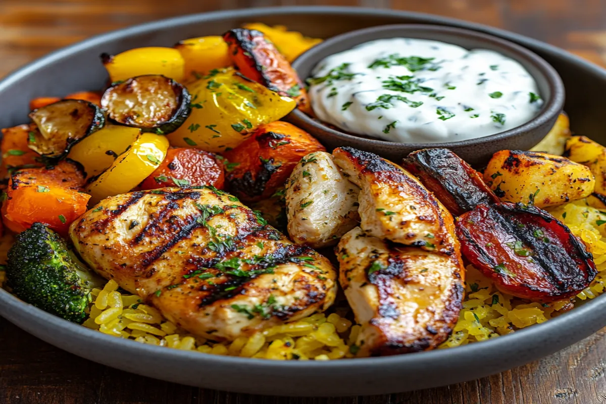 Saffron rice with grilled chicken and vegetables.