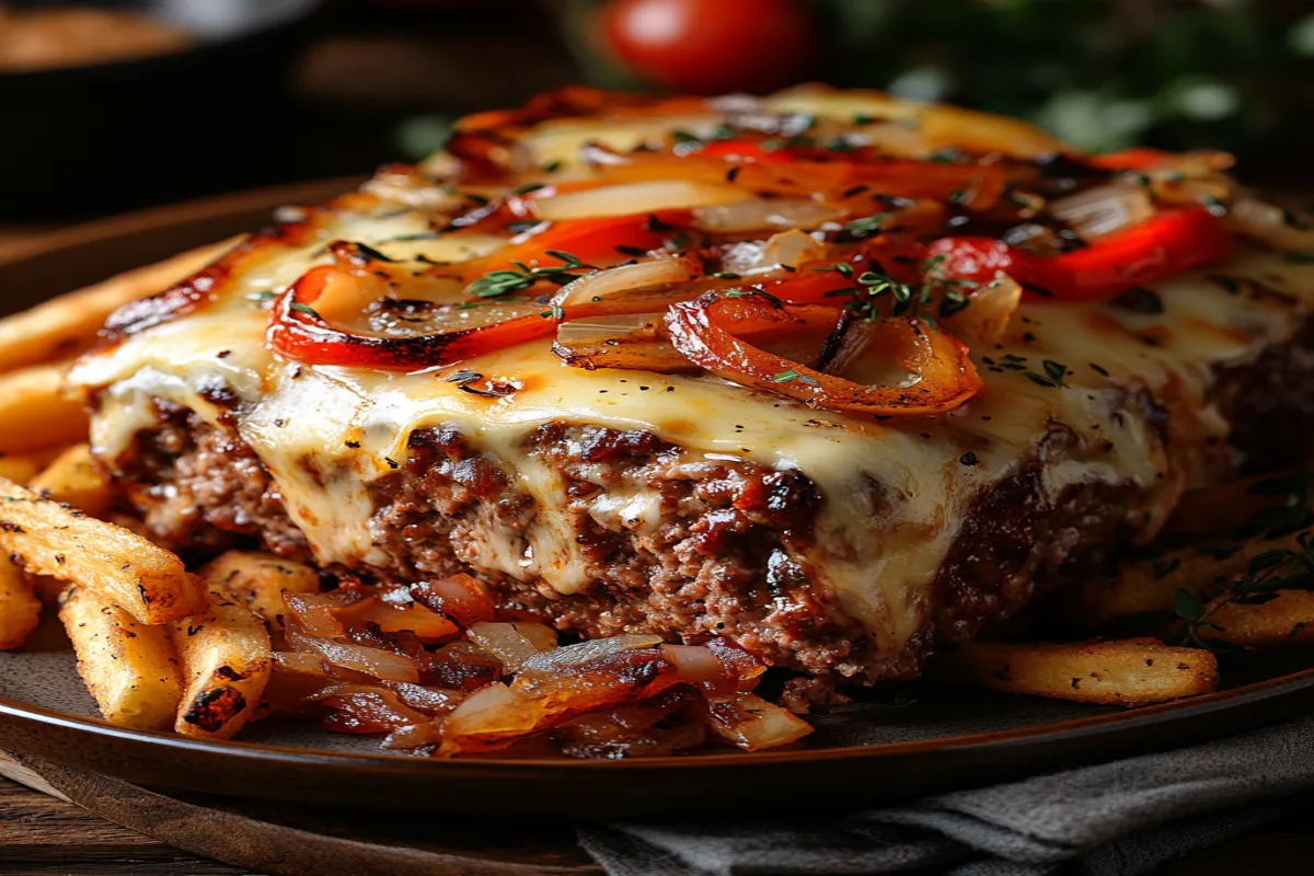 Philly Cheesesteak Meatloaf served with fries and cheese