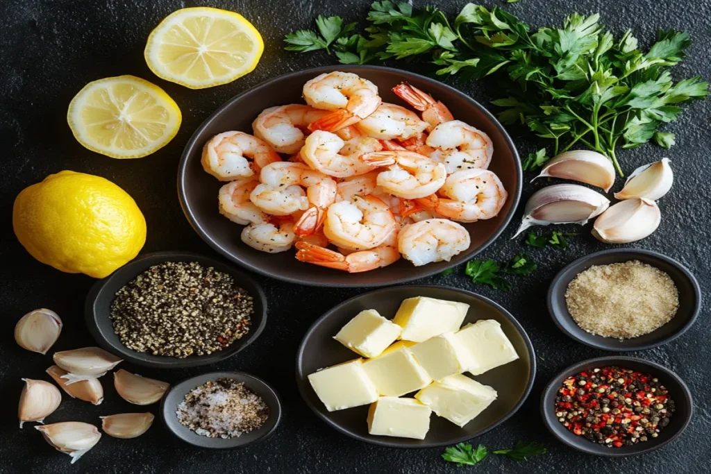 Ingredients for shrimp garlic butter recipe displayed on a dark surface.