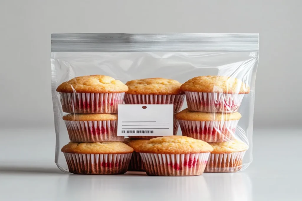 Freezer bag with wrapped strawberry muffins