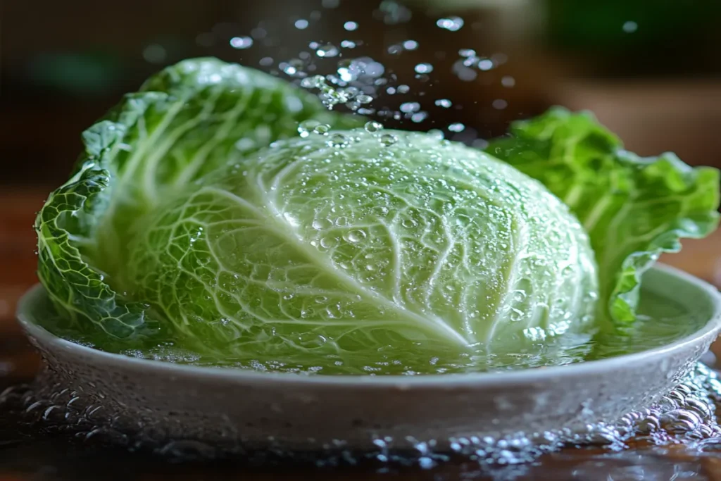 Fresh green cabbage being soaked in water on a kitchen counter