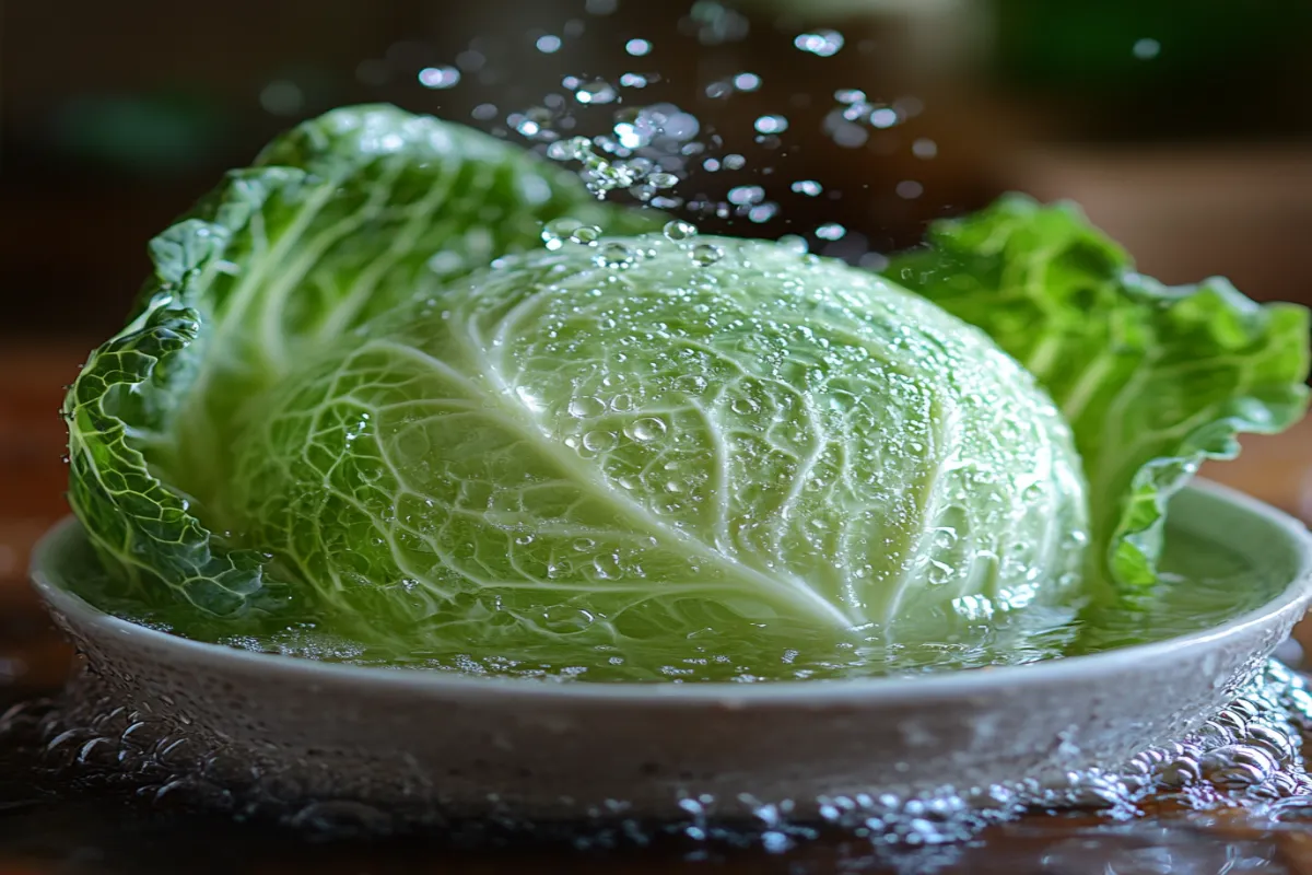 Fresh green cabbage being soaked in water on a kitchen counter