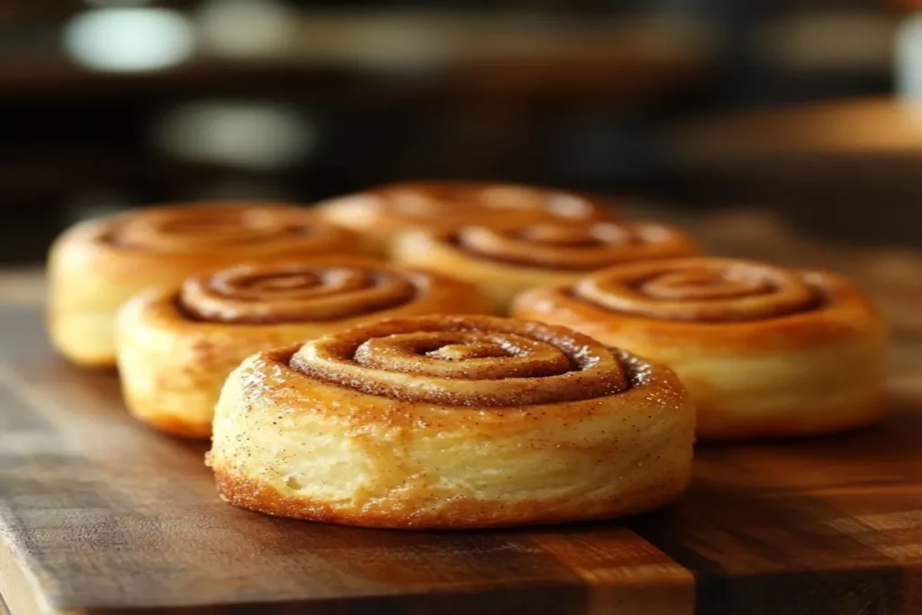Fluffy sourdough cinnamon rolls on a rustic kitchen countertop.