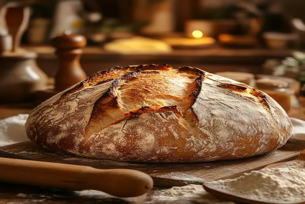 Freshly baked sourdough loaf with rustic crust and kitchen tools