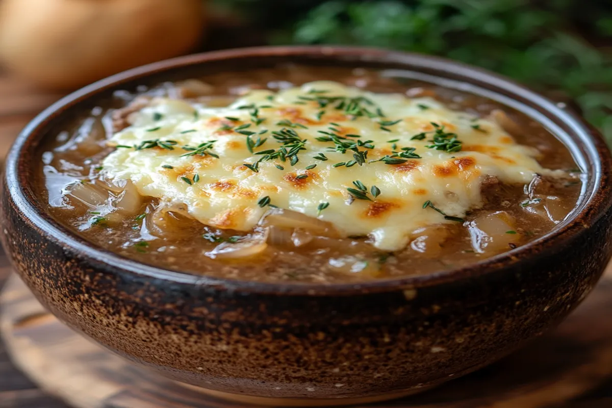 Delicious French onion soup rice with melted cheese and caramelized onions.