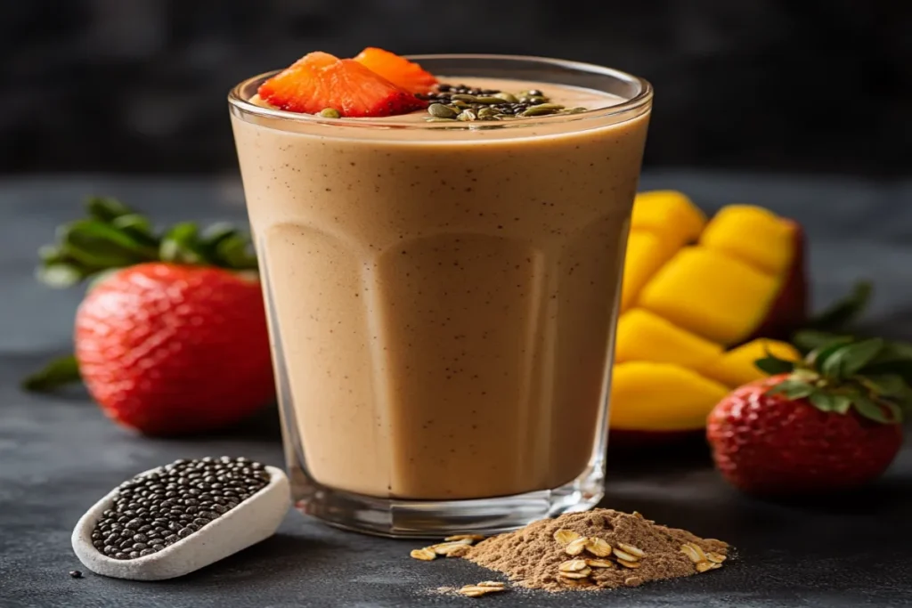 Healthy protein shake with fruits and seeds