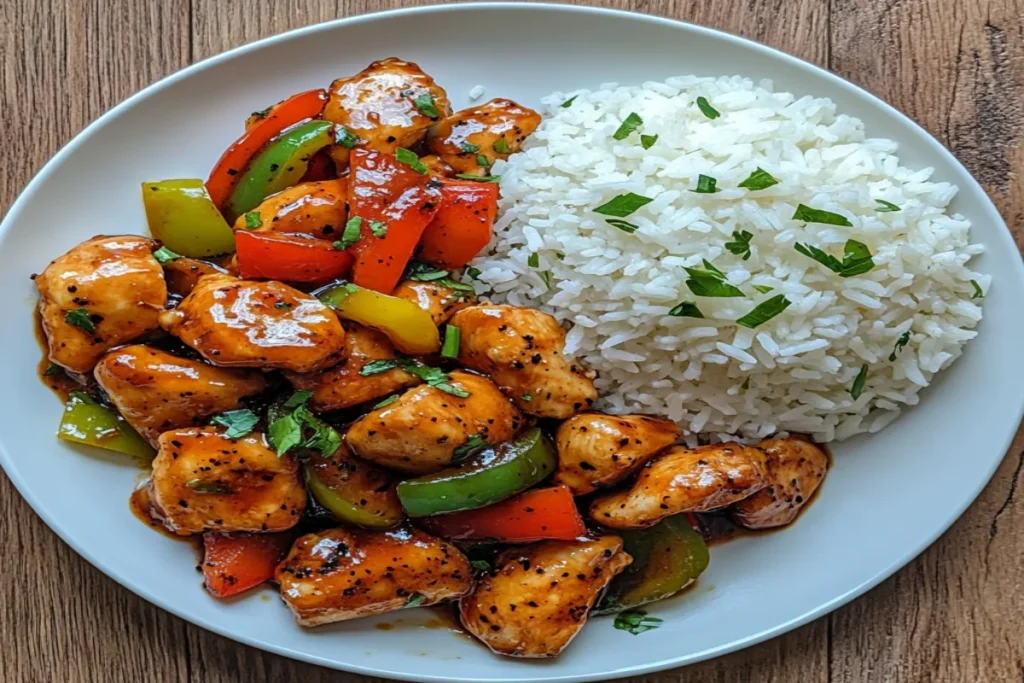 Empress Chicken with bell peppers and rice