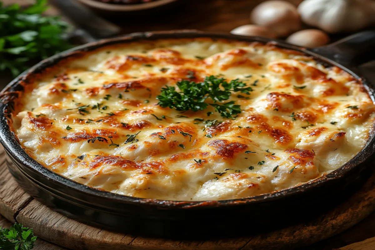 Delicious Million Dollar Chicken Casserole with a golden crust and creamy texture