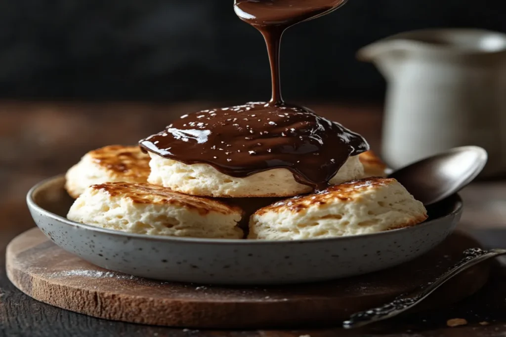Chocolate gravy poured over biscuits, showcasing its thick, smooth consistency.