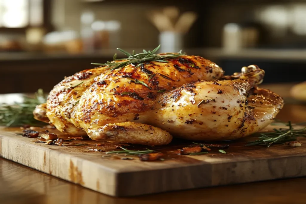 Freshly cooked rotisserie chicken on a cutting board