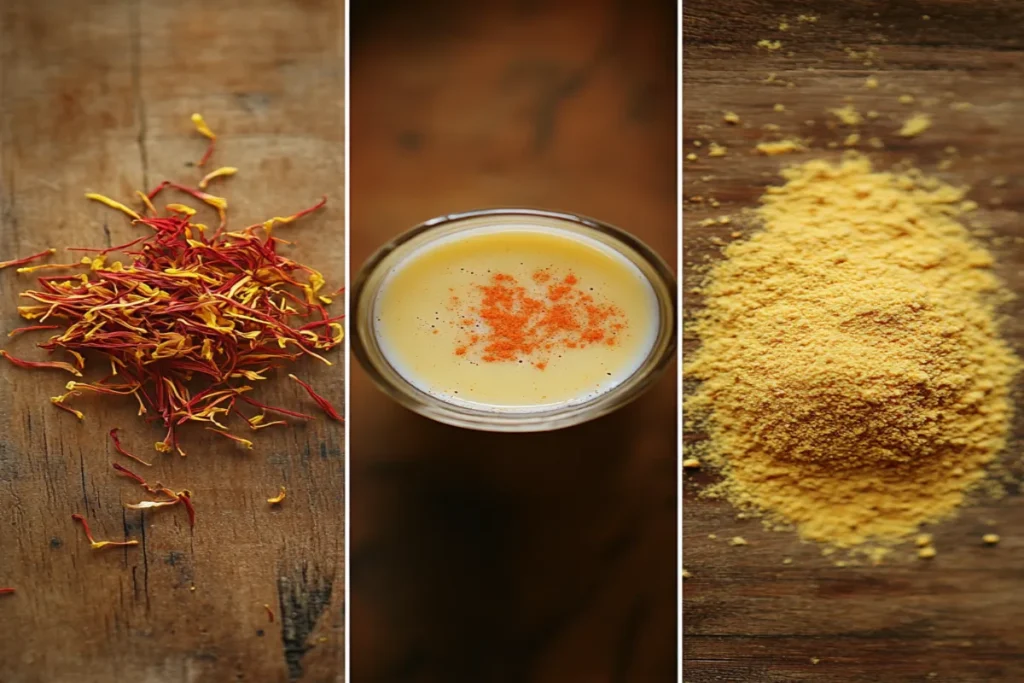 Three different methods of preparing saffron for cooking.