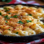 Spicy and creamy Cajun mac and cheese in a skillet.