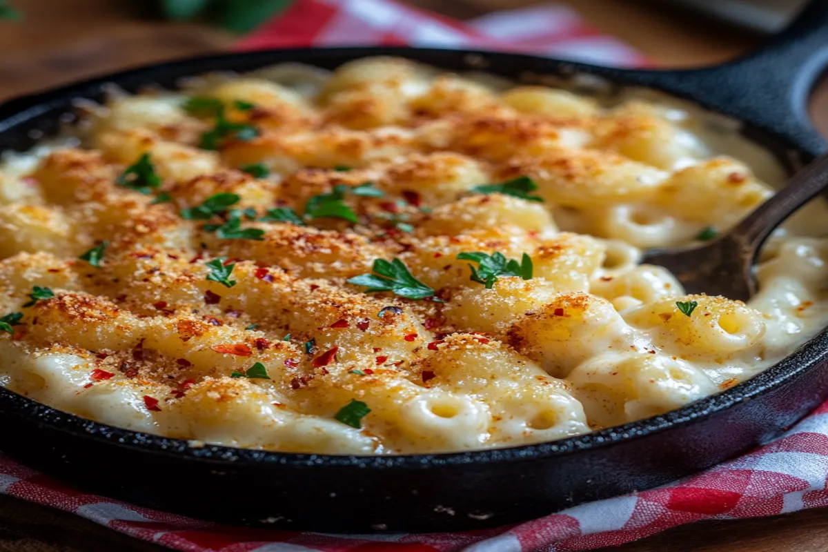 Spicy and creamy Cajun mac and cheese in a skillet.