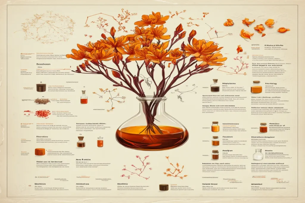 Chemical composition of saffron: crocin, picrocrocin, and safranal.