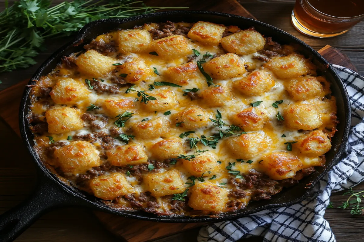 Golden, cheesy cowboy casserole in a cast-iron skillet.
